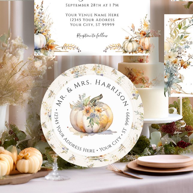 Fall Pumpkin Floral Wildflower Leaf Return Address Classic Round Sticker (Creator Uploaded)