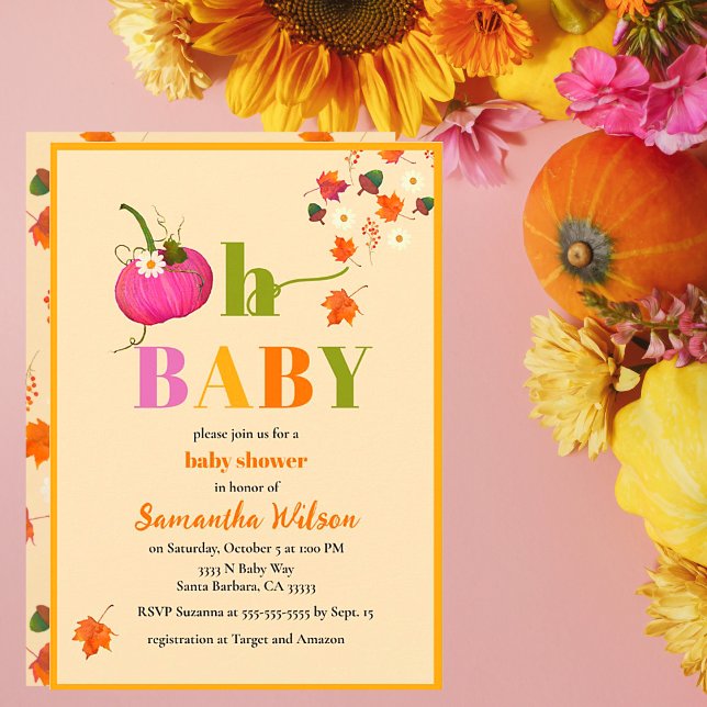 Fall Pumpkin Flowers Girl Pink Baby Shower Invitation (Fall Pumpkin Pink Cute Oh Baby Cute Autumn Baby Shower Invitations.)