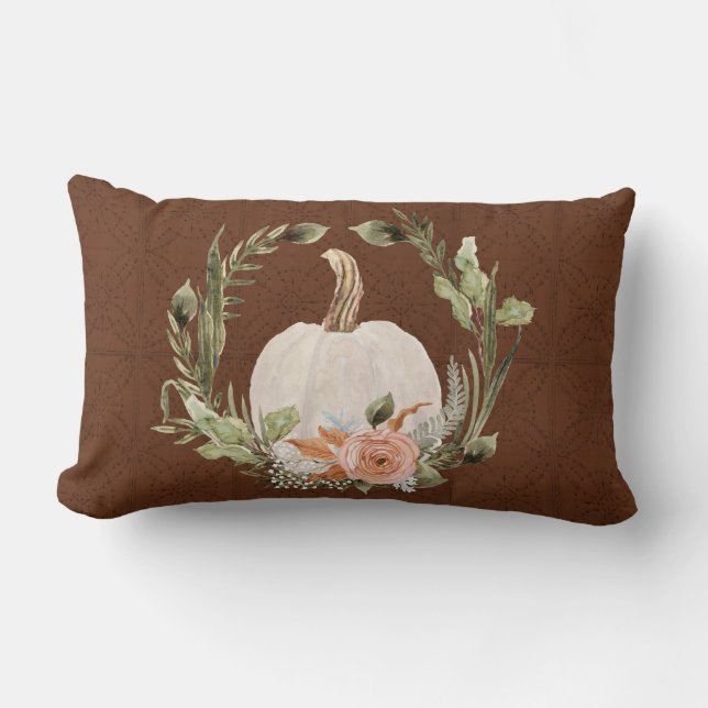 Fall Pumpkin Foliage Terracotta Floral Moss Green Lumbar Pillow (Front)
