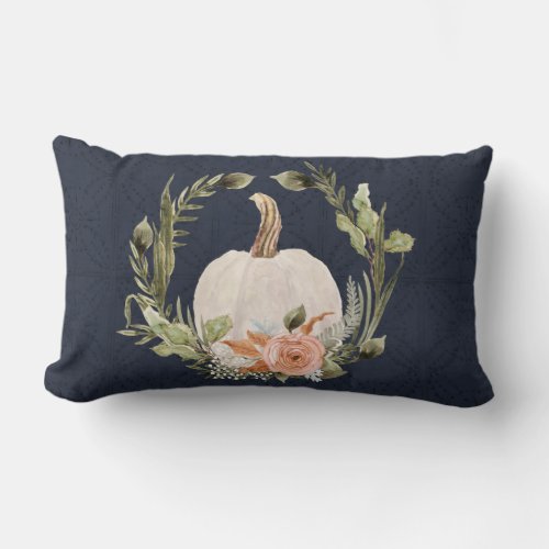 Fall Pumpkin Foliage Terracotta Floral Navy Blue   Lumbar Pillow