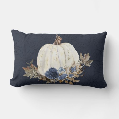 Fall Pumpkin Foliage Watercolor Navy Blue Floral Lumbar Pillow