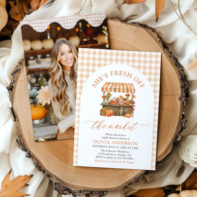 Fall Pumpkin Fresh Off the Market Bridal Shower Invitation (Arch Orange Gingham Fall Pumpkin Fresh Off the Market Bridal Shower Invitation)