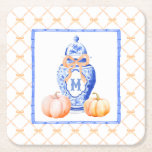 Fall Pumpkin | Ginger Jar Monogram Square Paper Coaster<br><div class="desc">This chic design features a chinoiserie ginger jar with a blue monogram and an orange bow surrounded by pumpkins. There is an orange bamboo pattern in the background. You can personalize with your monogram.</div>