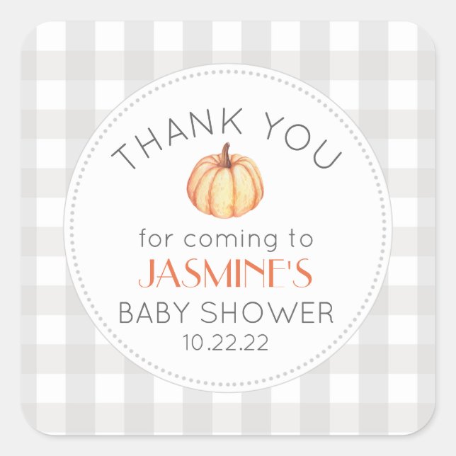 Fall pumpkin gingham neutral baby shower favor square sticker (Front)