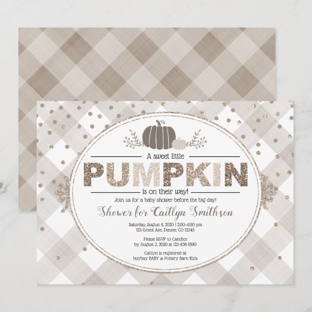 fall pumpkin gingham neutral colors beige shower invitation (Front/Back)