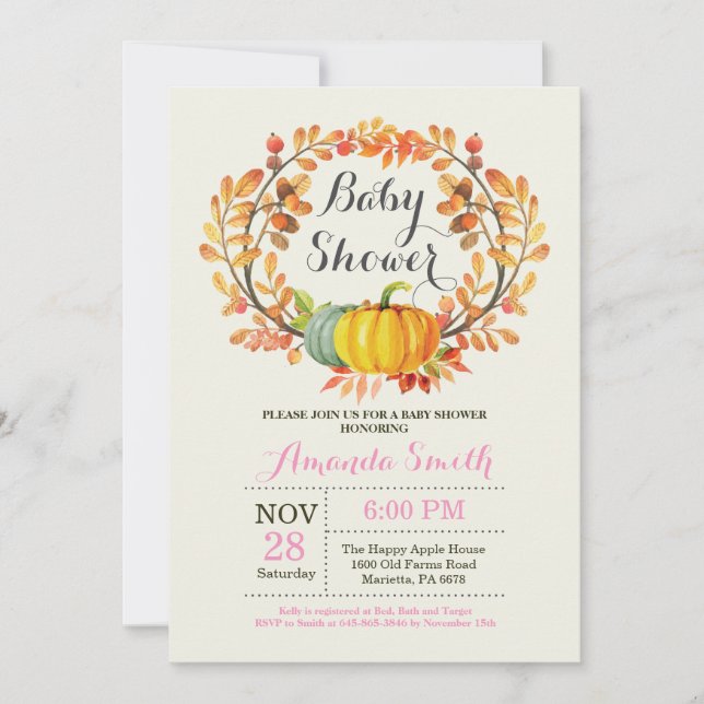 Fall Pumpkin Girl Baby Shower Invitation Card (Front)
