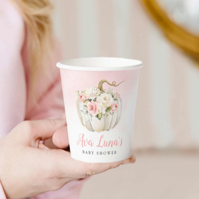 Fall Pumpkin Girl Baby Shower Personalized Paper Cups (Pink Fall Pumpkin Girl Baby Shower Paper Cups)