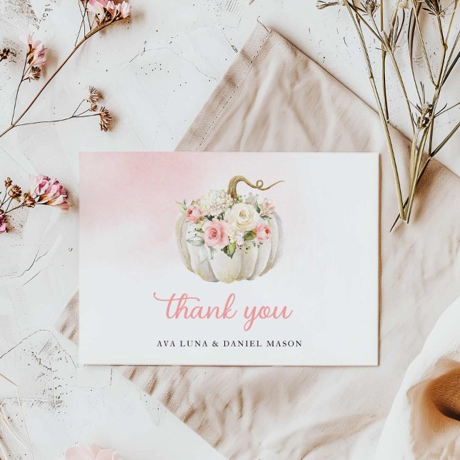 Fall Pumpkin Girl Baby Shower Thank you Card (Elegant Fall Pumpkin Pink Flower Thank you card)
