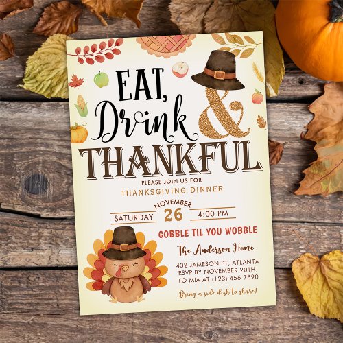 Fall Pumpkin Gobble Thanksgiving Dinner Turkey Invitation