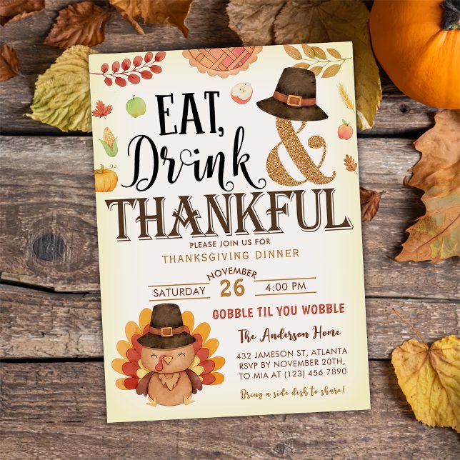 Fall Pumpkin Gobble Thanksgiving Dinner Turkey Invitation (Creator Uploaded)