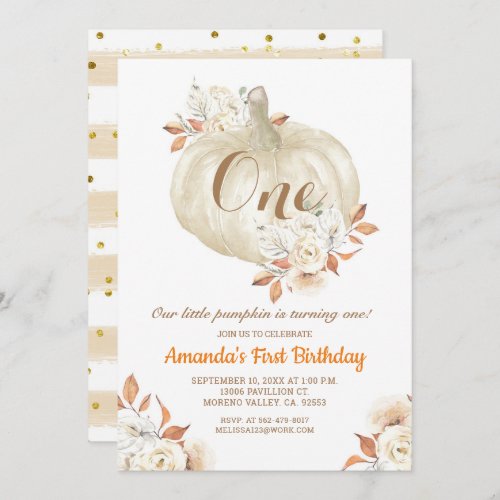 Fall Pumpkin Gold Glitter 1st Birthday  Invitation