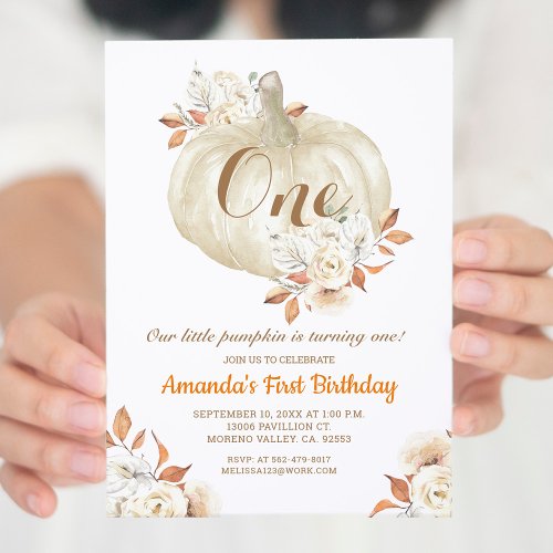 Fall Pumpkin Gold Glitter 1st Birthday  Invitation