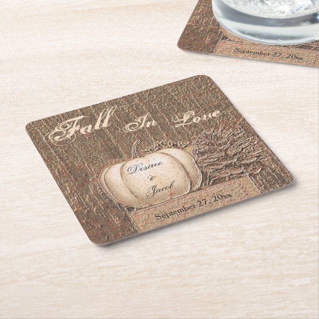 Fall Pumpkin Gold White Country Rustic Wedding Square Paper Coaster (Angled)