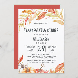 Fall Pumpkin Golden Foliage Thanksgiving Dinner In Invitation