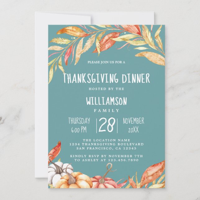 Fall Pumpkin Golden Foliage Thanksgiving Dinner In Invitation (Front)