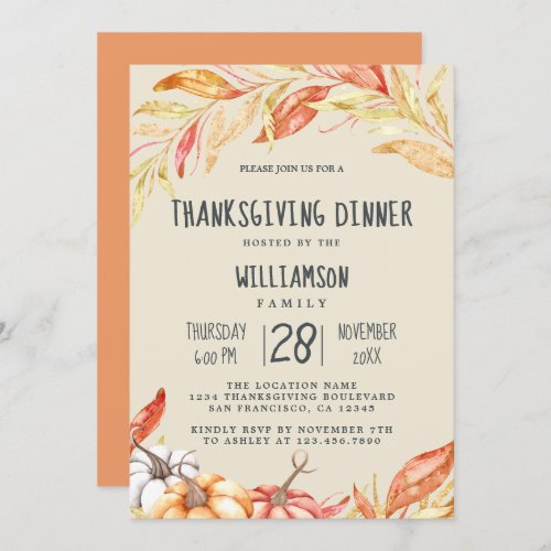Fall Pumpkin Golden Foliage Thanksgiving Dinner Invitation