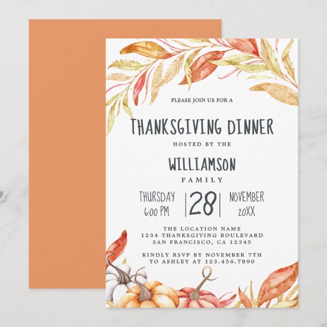 Fall Pumpkin Golden Foliage Thanksgiving Dinner Invitation (Front/Back)
