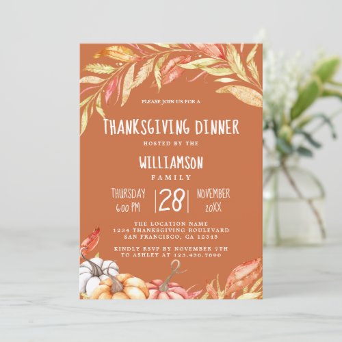 Fall Pumpkin Golden Foliage Thanksgiving Dinner  Invitation