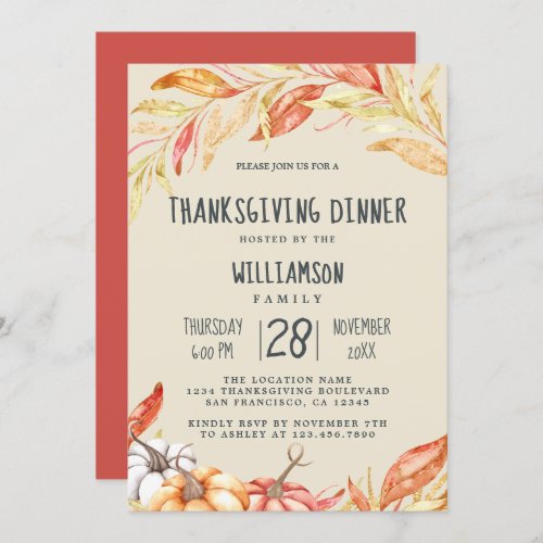 Fall Pumpkin Golden Foliage Thanksgiving Dinner Invitation
