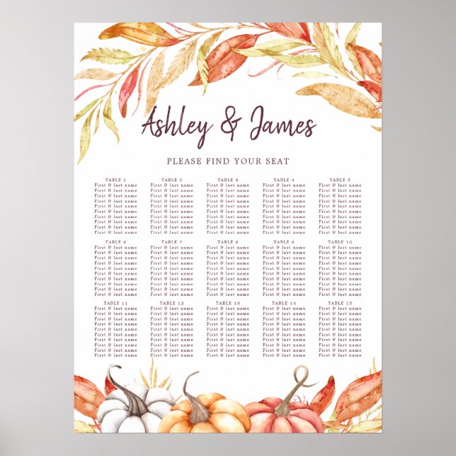 Fall Pumpkin Golden Foliage Wedding Seating Chart (Front)