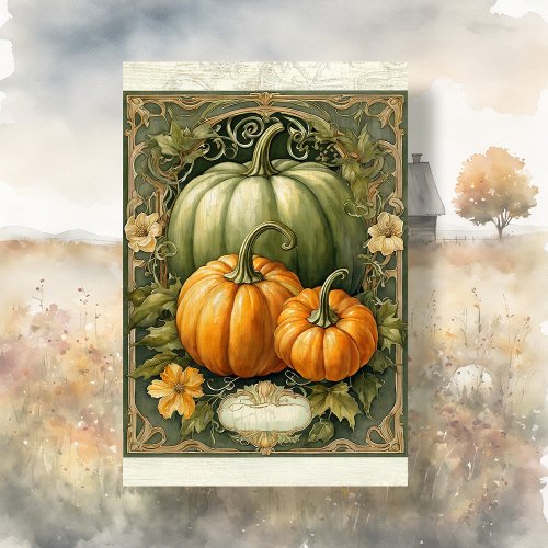 Fall Pumpkin Green Leaves Art Nouveau Decoupage Tissue Paper