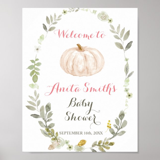 Fall Pumpkin Greenery Floral baby shower welcome Poster (Front)