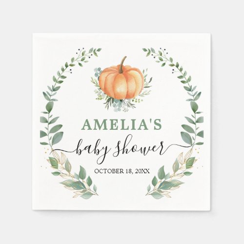 Fall Pumpkin Greenery Gold Foliage Baby Shower Napkins