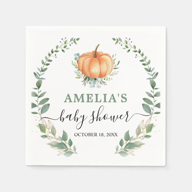Fall Pumpkin Greenery Gold Foliage Baby Shower Napkins (Front)
