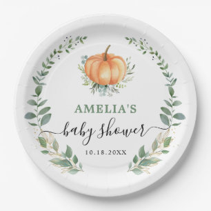 Fall Pumpkin Greenery Gold Foliage Baby Shower Paper Plates