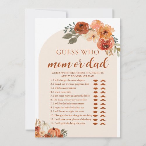 Fall Pumpkin Guess Who Mom or Dad Baby Shower Game Invitation