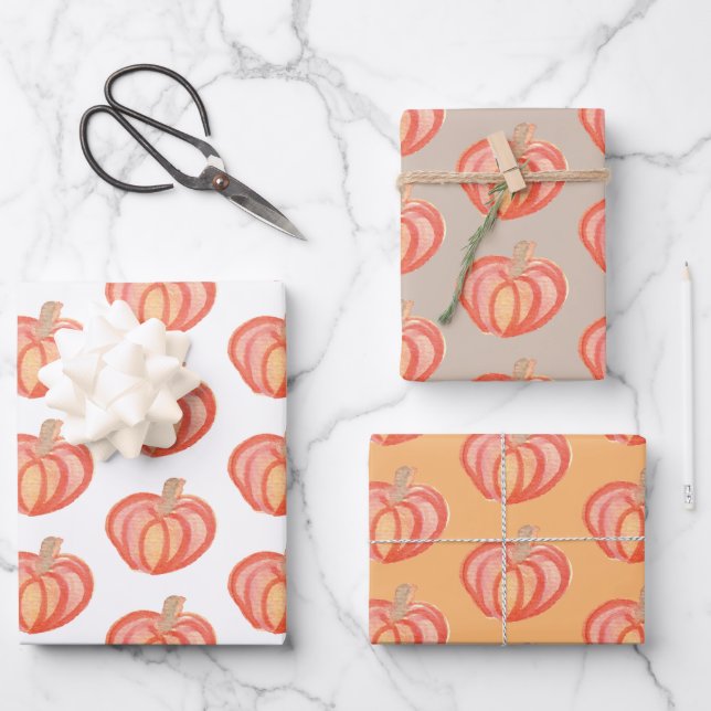 Fall Pumpkin Hand Painted Orange  Wrapping Paper Sheets (Front)