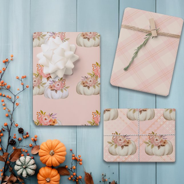Fall Pumpkin Harvest Pink Thanksgiving Customize Wrapping Paper Sheets (Creator Uploaded)