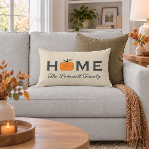 Fall Pumpkin Home Beige Family Monogram Lumbar Pillow