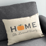 Fall Pumpkin Home Beige Family Monogram Lumbar Pillow<br><div class="desc">A fall-themed Home lumbar pillow featuring an orange pumpkin with green leaf detail and customizable script family name on a beige background. Charcoal gray Home lettering and the classic pumpkin accent create a neutral, earthy autumn design. All text is fully editable to personalize with your family name. A warm seasonal...</div>