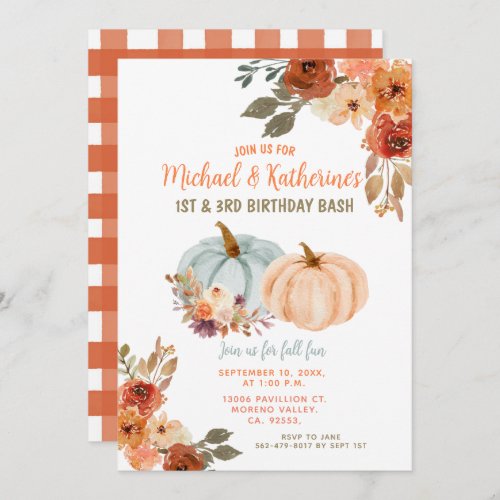 Fall Pumpkin Joint Birthday Siblings Party Invitation