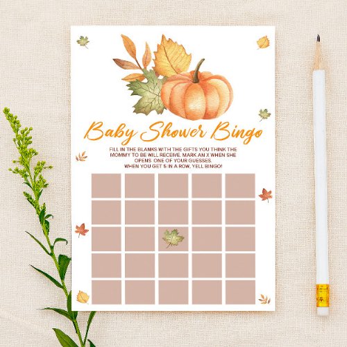 Fall Pumpkin Leaves Bingo Baby Shower Game Stationery