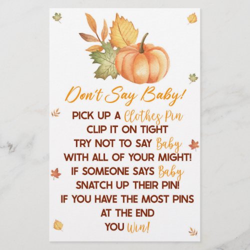 Fall Pumpkin Leaves Dont Say Baby Shower Game Stationery