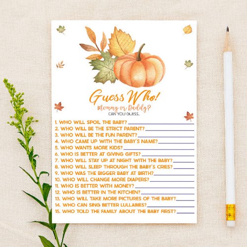 Fall Pumpkin Leaves Guess Who Baby Shower Game Stationery