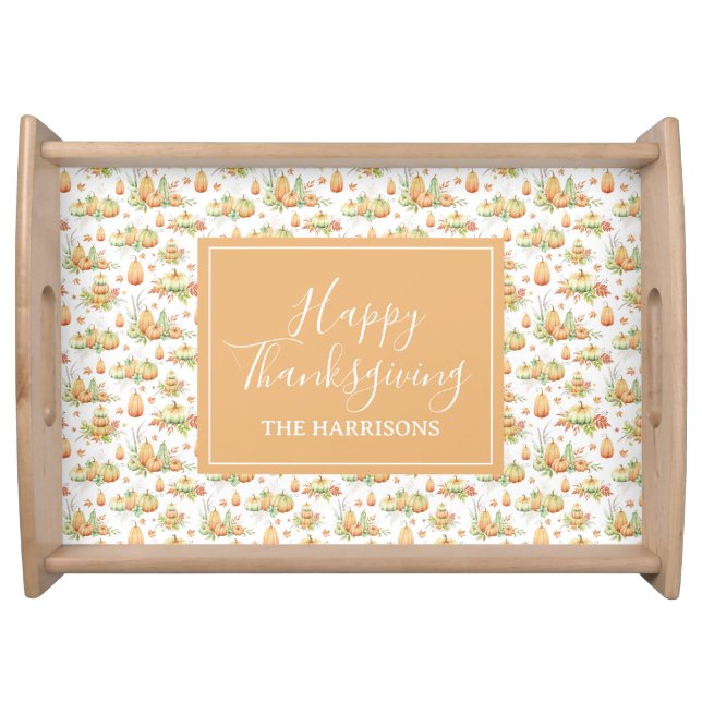 Fall Pumpkin Leaves Rustic Script Thanksgiving Serving Tray (Front)