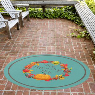 Fall pumpkin leaves wreath teal brown orange  outdoor rug