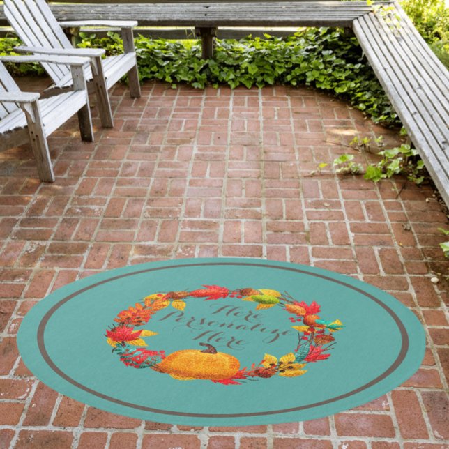 Fall pumpkin leaves wreath teal brown orange  outdoor rug (Creator Uploaded)