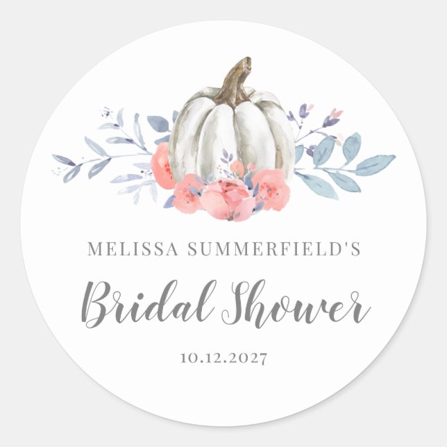 Fall Pumpkin Lilac Rustic Floral Bridal Shower Classic Round Sticker (Front)