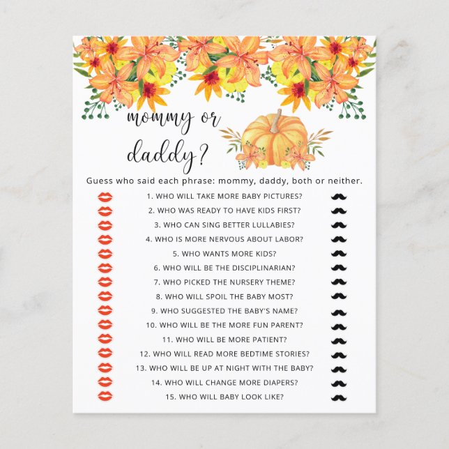 Fall pumpkin mommy or daddy baby shower game (Front)