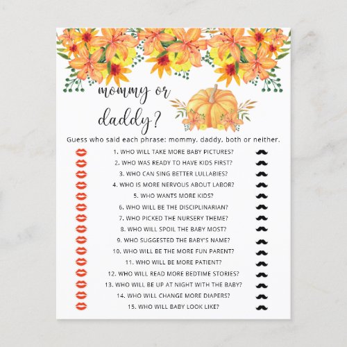 Fall pumpkin mommy or daddy baby shower game