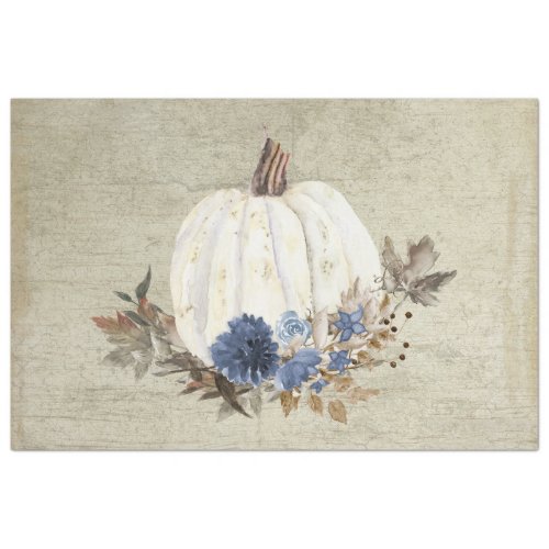 Fall Pumpkin Navy Blue Floral Foliage Rustic Wood Tissue Paper