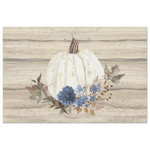 Fall Pumpkin Navy Blue Floral Script Wooden Tissue Paper