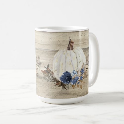 Fall Pumpkin Navy Blue Floral Wooden Script Coffee Coffee Mug