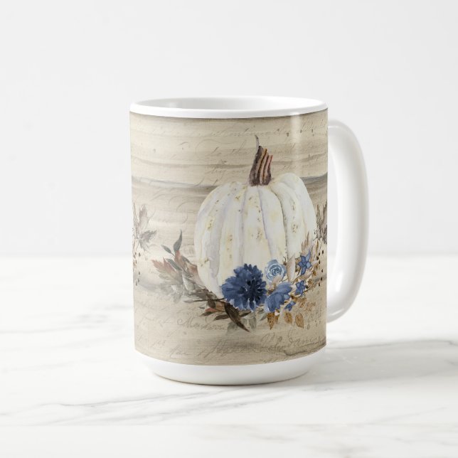 Fall Pumpkin Navy Blue Floral Wooden Script Coffee Coffee Mug (Front Right)