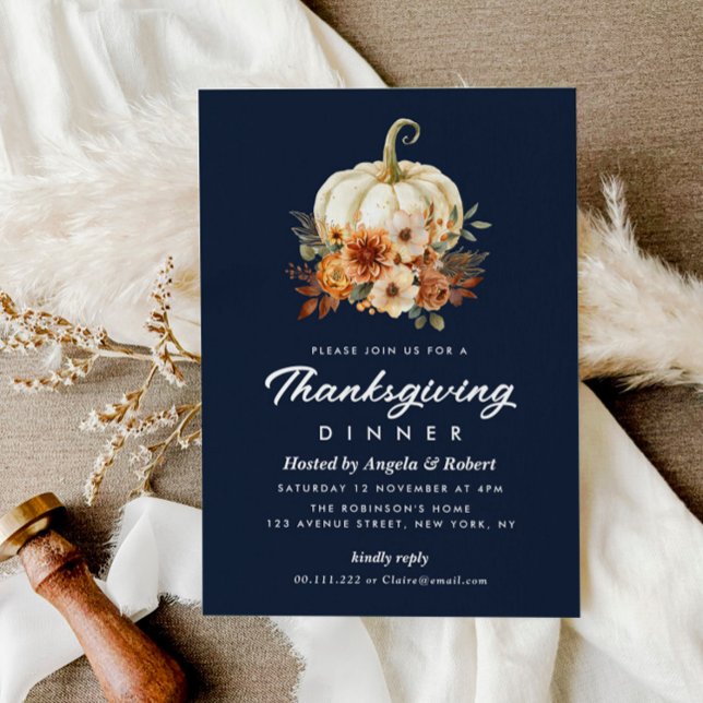 fall pumpkin navy blue thanksgiving dinner invitation (Creator Uploaded)