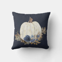 Fall Pumpkin Navy Blue Watercolor Floral Foliage Throw Pillow Zazzle